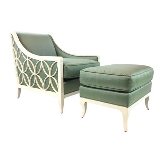 Modern Caracole Custom Green Silk Chair & Ottoman Set For Sale