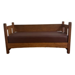 1920s Attributed to Stickley Oak Mission Bench Re-Upholstered Leather Seat For Sale