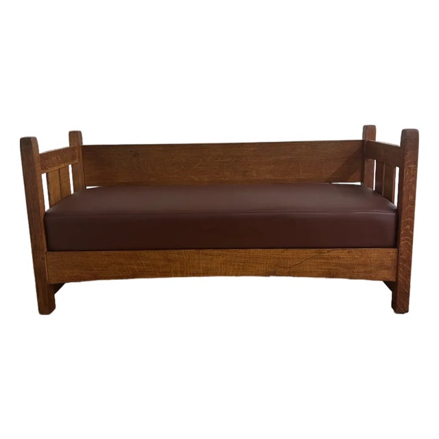 1920s Attributed to Stickley Oak Mission Bench Re-Upholstered Leather Seat For Sale