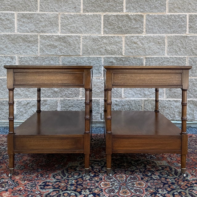 Vintage Hekman Traditional Regency Walnut 2 Drawer Tiered Cane Cut Side Tables - A Pair For Sale - Image 13 of 15
