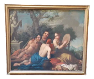 Players in the Countryside, 1800s, Oil on Canvas, Framed