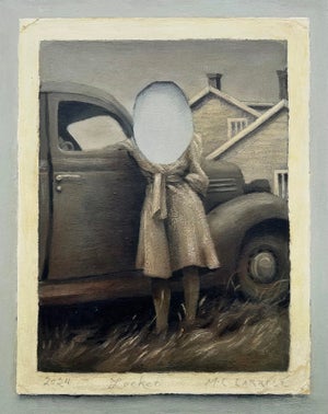 Locket II by Mary Carroll | Acrylic on panel of a figure beside an old car with a blank face