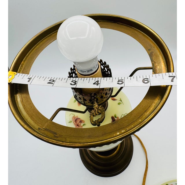 Metal Vintage GWTW Creamy Yellow Milk Glass 18" Hand Painted Roses Lamp W/Bronze Base Signed E. Maram For Sale - Image 7 of 15