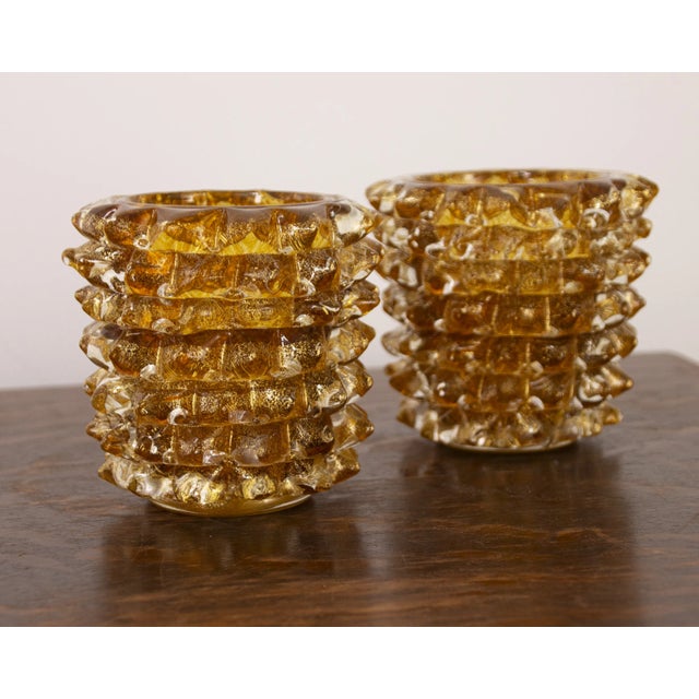 Murano glass vase rostrato amber color with gold leaf, artistic workmanship handmade Made in Italy height 12 cm.