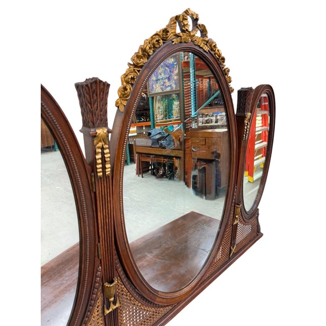Wood French Louis XV Style Triple Oval Mirror Walnut Vanity & Chair For Sale - Image 7 of 17