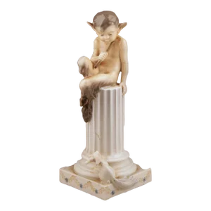 Mid-20th Century Danish Glazed Porcelain Sculpture of Faun (Satyr) Sitting Over a Column and a Rabbit by Danish Firm Royal Copenhagen