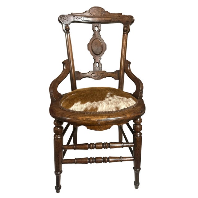 Brown 'Desperado Eastlake' 19th Century Parlor Seating Reupholstered in Cowhide and Denim For Sale - Image 8 of 12