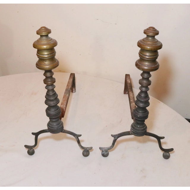 Metal Pair 18th Century Turned Peened Brass Wrought Iron Georgian Andirons 1700's For Sale - Image 7 of 12