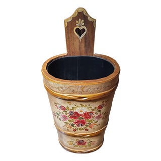 Vintage Wooden Umbrella Stand with Folk Art Painting, 1970s For Sale