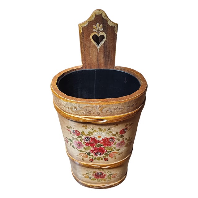Vintage Wooden Umbrella Stand with Folk Art Painting, 1970s For Sale