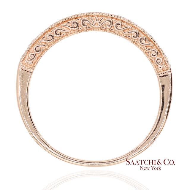 Early 21st Century 14k 585 Solid Rose Gold Engraving and Milgrain Natural Diamond Band Ring, Size 8 For Sale - Image 5 of 12
