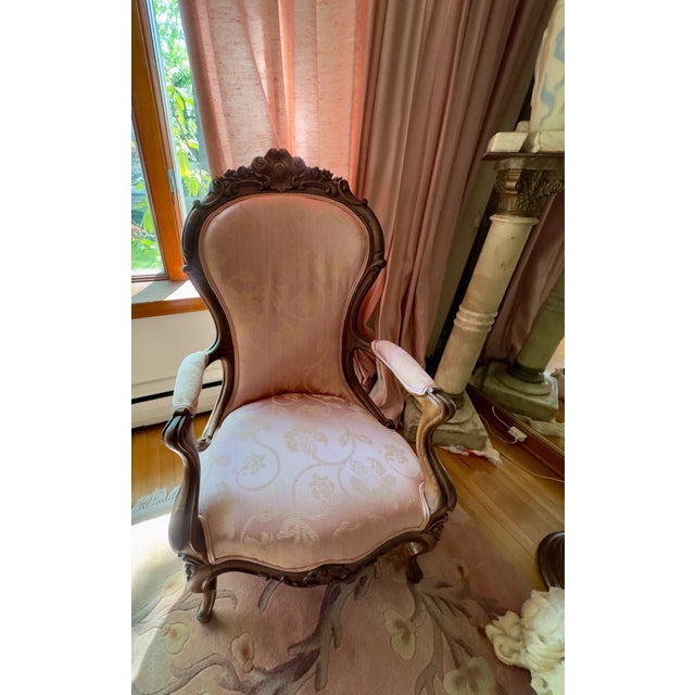 19th C Victorian Parlor Chairs, featuring rosewood frames ornate carving and light pink damask upholstery, cabriole legs....