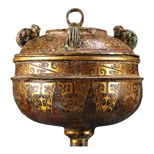 Vintage Chinese Bronze Stemmed Censer, Intricate Gold Inlaid Pattern, Archaic Style Incense Burner For Sale