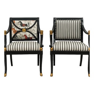 Pair of Vintage, Custom Upholstered William Switzer Ebonized & Gilt Armchairs For Sale