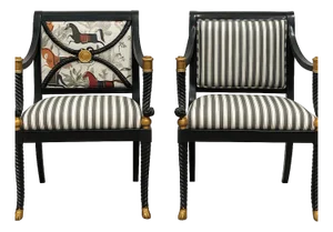 Pair of Vintage, Custom Upholstered William Switzer Ebonized & Gilt Armchairs