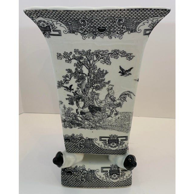 Chinese Black & White Porcelain Vase, Figural Rooster Garden Scene For Sale - Image 4 of 10