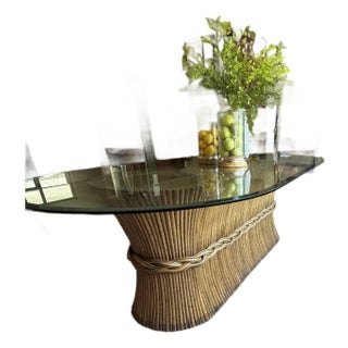 Vintage Coastal Sheaf of Wheat Bamboo Pedestal Oval Glass Table For Sale