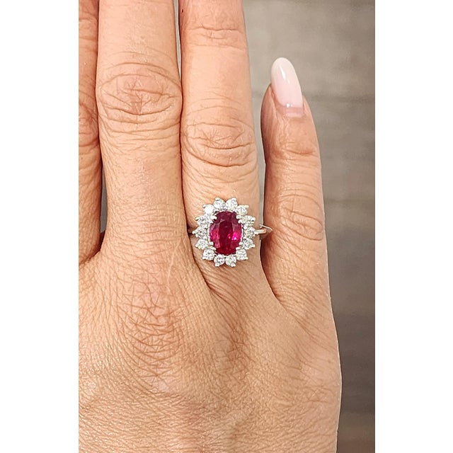 Modern Natural Ruby & Diamond Halo Ring in 14k White Gold – 2.05 Ct Size 5 For Sale - Image 3 of 9