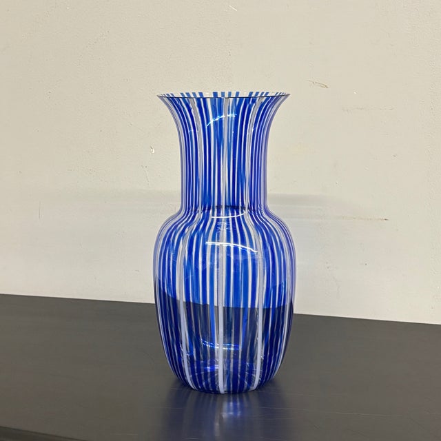Mid-Century Modern Mid-Century Blue and Milk Murano Glass Vase with Canes or Filigree from Venini, 1950s For Sale - Image 3 of 11