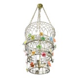 Vintage Handmade Metal Wire Chandelier With Porcelain Flowers For Sale