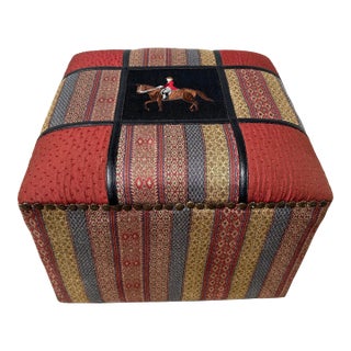 Late 20th Century Vintage Huntsman Patterned Upholstery Footstool With Brass Nailhead Trim For Sale