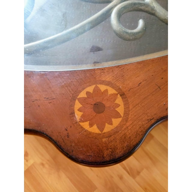 Mid-Century Modern Antique Wooden Coffee Table Featuring a Glass Top, Bronze Ornamentation, and Two Tiers. For Sale - Image 3 of 7