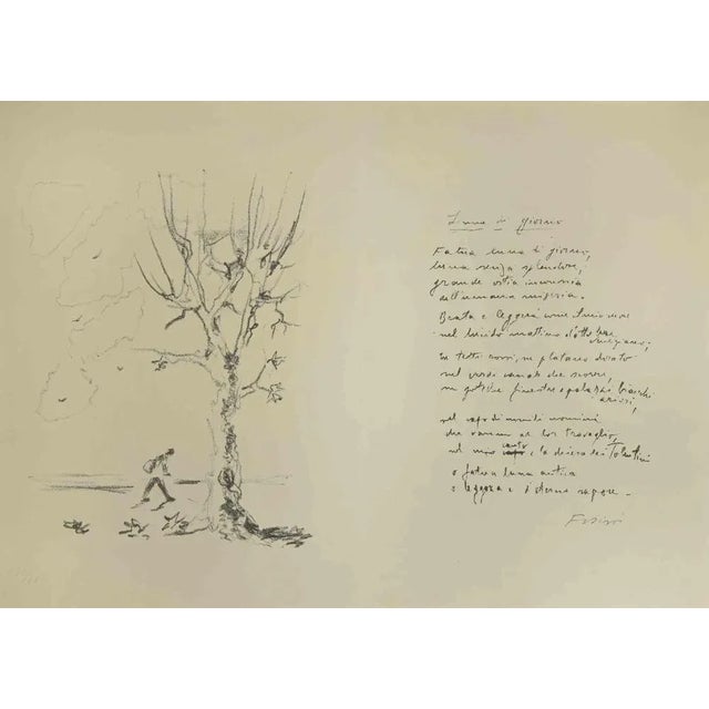 Moon by day is a modern artwork realized by Filippo De Pisis. Black and white lithograph with a text by the same Filippo...