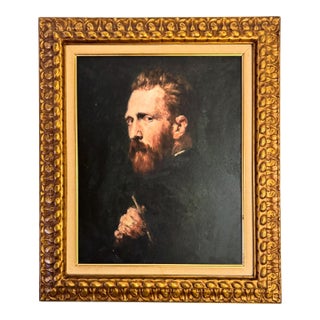 Van Gogh Self-Portrait Oil Painting Print Reproduction on Canvas in Vintage Gilded Wood Frame For Sale