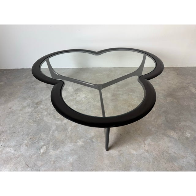 1970s 70's Mid-Century "Silhouette" Clover Leaf Black Lacquer Walnut Coffee Cocktail Table For Sale - Image 5 of 12
