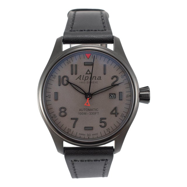 Alpina Startimer Pilot 44mm Al-525gg4fbs6 Grey Dial Leather Strap Steel Watch For Sale
