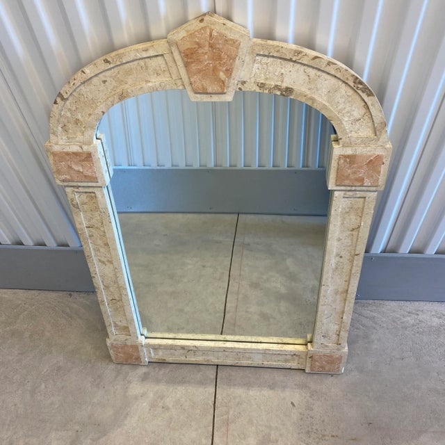 Postmodern Travertine and Inlaid Blush Marble Mirror For Sale - Image 9 of 13