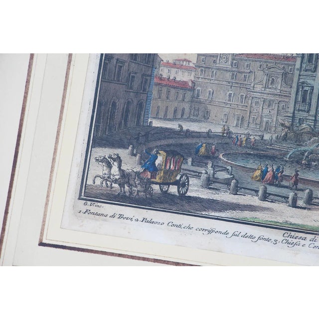 Glass 18th Century, Fontana Di Trevi, Giuseppe Vasi, Coloured Engraving For Sale - Image 7 of 12