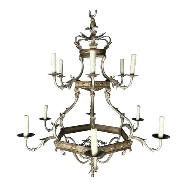 Monumental Two-Tiered 12-Light Silvered Chandelier W/ Crown For Sale