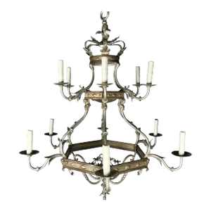 Monumental Two-Tiered 12-Light Silvered Chandelier W/ Crown