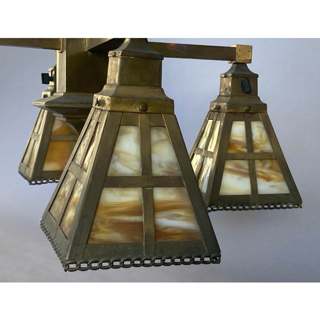 Metal Antique Arts & Crafts Mission 4-Light Brass Chandelier With Colorful "Slag Glass" Shades For Sale - Image 7 of 9