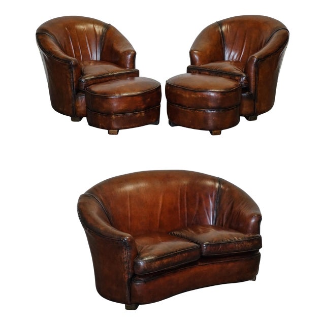 Art Deco Hand Dyed Whiskey Brown Suite Sofa, Armchairs and Ottomans, 1920s, Set of 5 For Sale