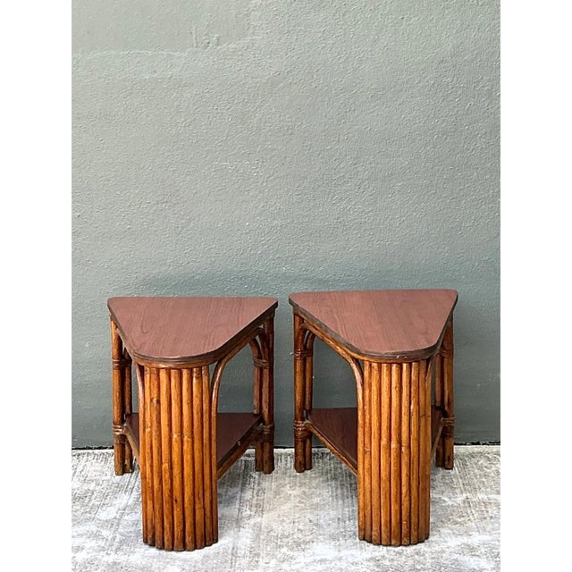 Vintage Rattan Pie Slice Side Tables After Frankl For Sale - Image 9 of 15