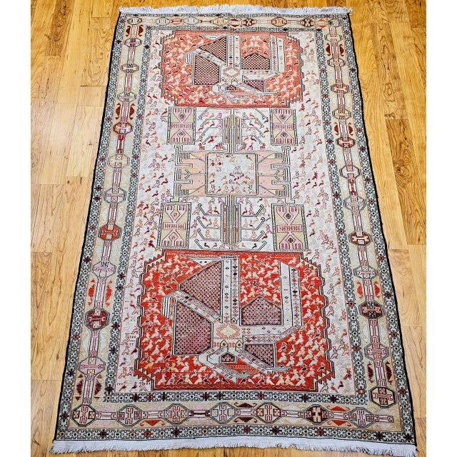 Vintage Persian Shahsavan Soumak Tribal Rug, Handwoven Wool & Silk, Geometric Pattern, Ivory & Red, 4x7 For Sale - Image 10 of 18