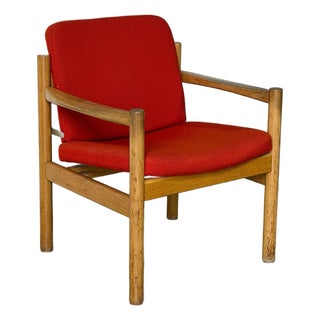 Vintage Danish Oak Lounge Chair by Skive Møbelfabrik Mid-Century Modern Red Upholstery For Sale