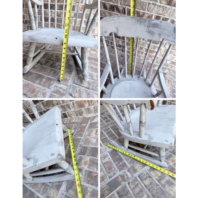 Nichols & Stone Child’s Wooden Windsor Rocking Chair Spindle Back Distressed Farmhouse Vintage Chippy Gray For Sale In Dallas - Image 6 of 12