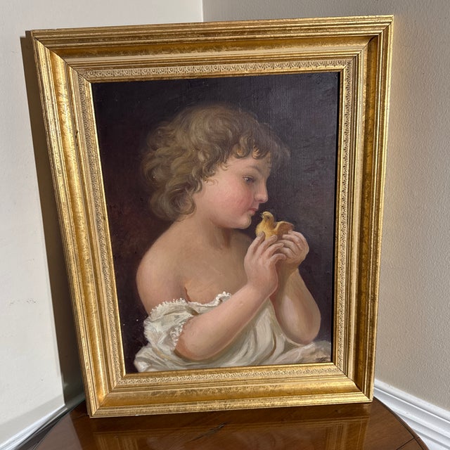 Vintage Oil Painting Child With Chick Classical Portrait Gilt Frame For Sale In Atlanta - Image 6 of 12