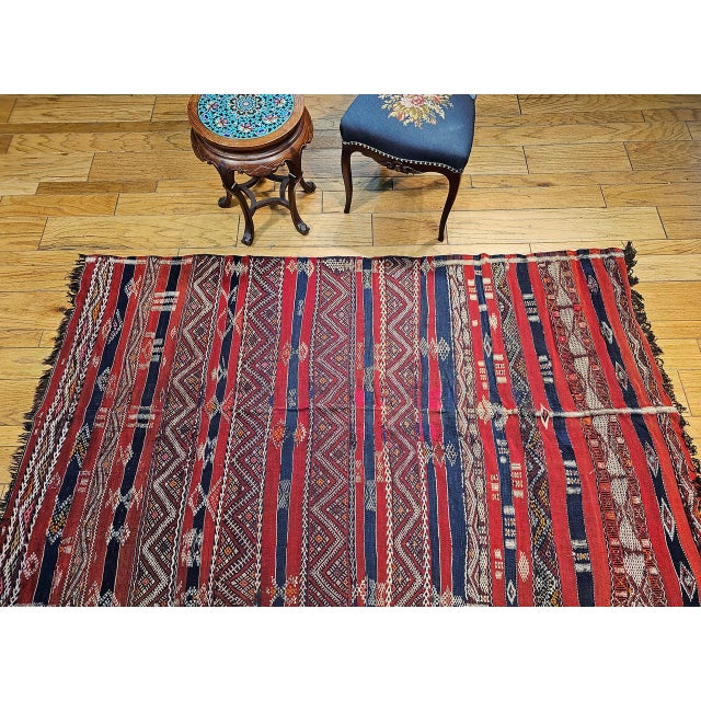 Red Vintage Moroccan Tribal Kilim Rug, Handwoven Wool, Stripe Pattern, Red & Blue, 5x8 For Sale - Image 8 of 18