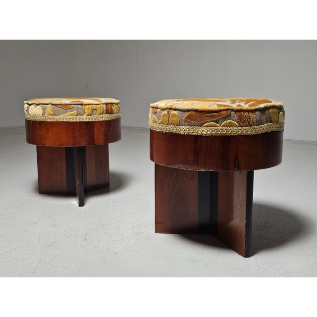 Set of Art Deco Walnut and Floral-Printed Fabric Stools, Italy, 1930s For Sale - Image 4 of 12