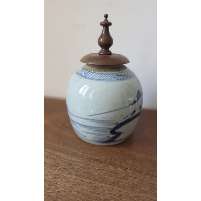 19th Century Qing Dynasty Ginger Jar Blue & White Chinese Porcelain Antique Tea Caddy Covered Jar Chinoiserie Decor For Sale - Image 11 of 11