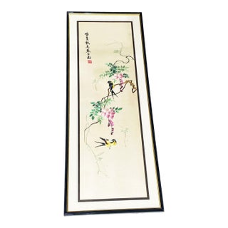 Vintage Hand Embroidered Chinese Silk Panel With Birds Framed 41" H For Sale