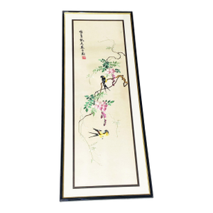 Vintage Hand Embroidered Chinese Silk Panel With Birds Framed 41" H