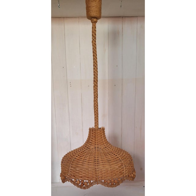 Vintage Ceiling Lamp with Wicker Shade and Inner Relief Glass Shade on Rope Mount, 1970s, in Very Good conditions....