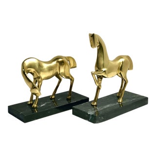 Mid 20th Century Equestrian Book Ends Horse Statues Solid Brass and Marble Mid-Century Modern - a Pair For Sale