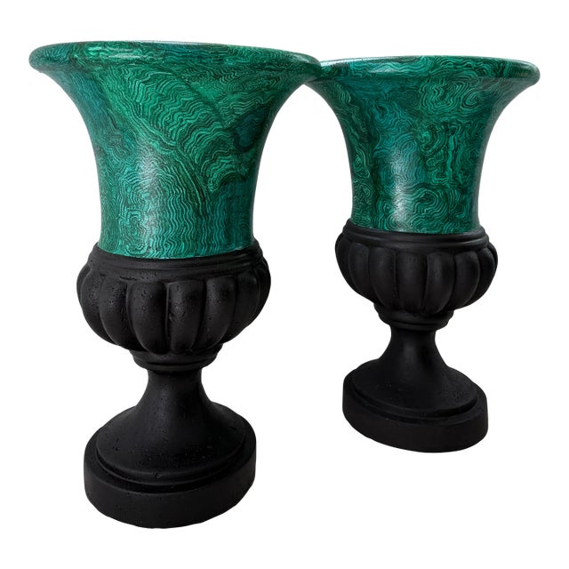XL Faux Malachite Urns From 90's For Sale