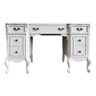 1960s Ornate French Provincial Style Writing Desk / Vanity in Soft Beige-Grey With Carved Details For Sale